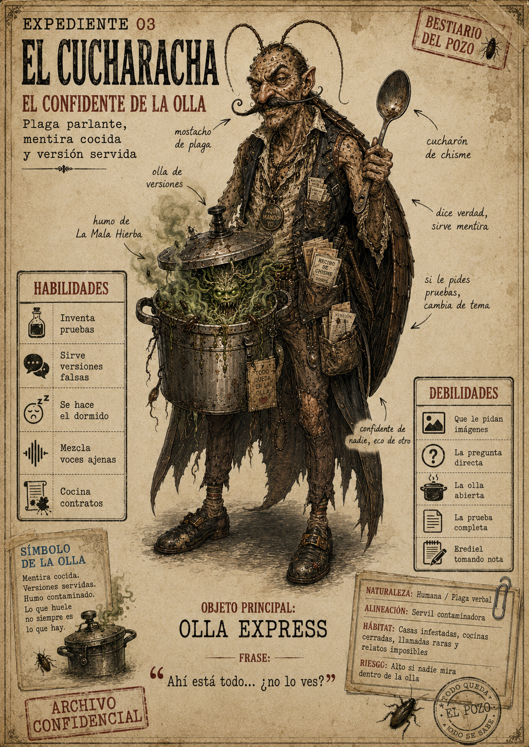 Ficha de expediente vivo de El Cucaracha, confidente de la olla y plaga verbal.