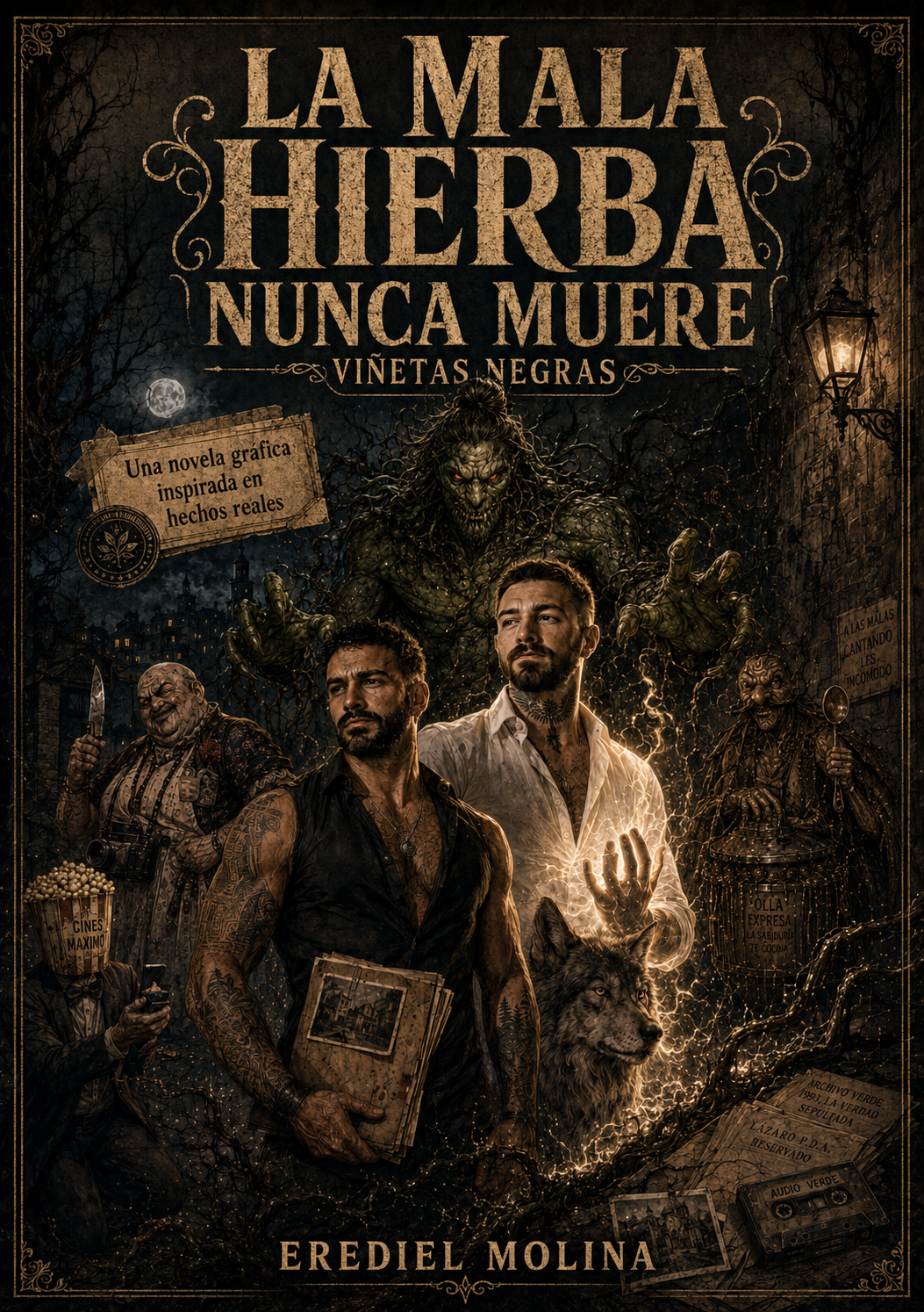 Portada oficial de La Mala Hierba Nunca Muere — Viñetas Negras, novela gráfica A5 de Erediel Molina.