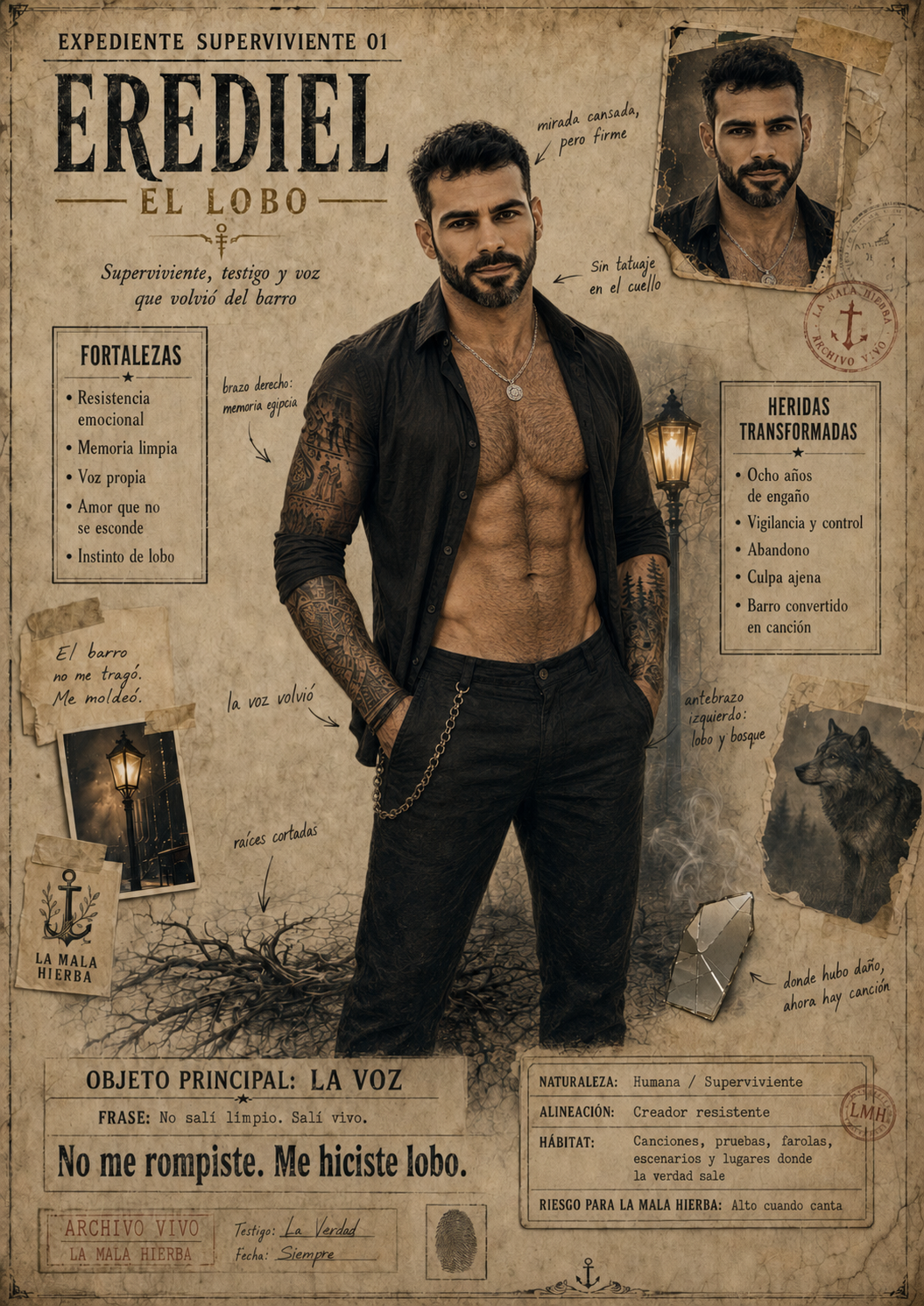 Expediente Vivo de Erediel, El Lobo, archivo arcano de supervivencia con camisa negra, farola, lobo y pergamino envejecido.
