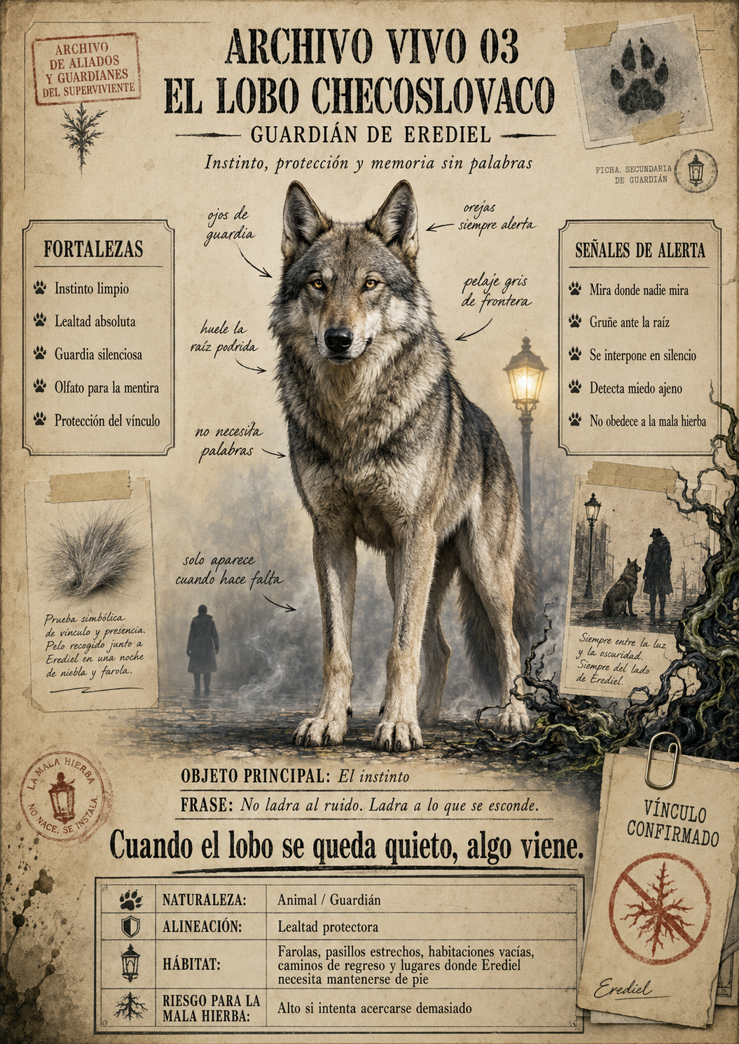 Ficha de expediente vivo de Loki, lobo checoslovaco y guardián de Erediel.