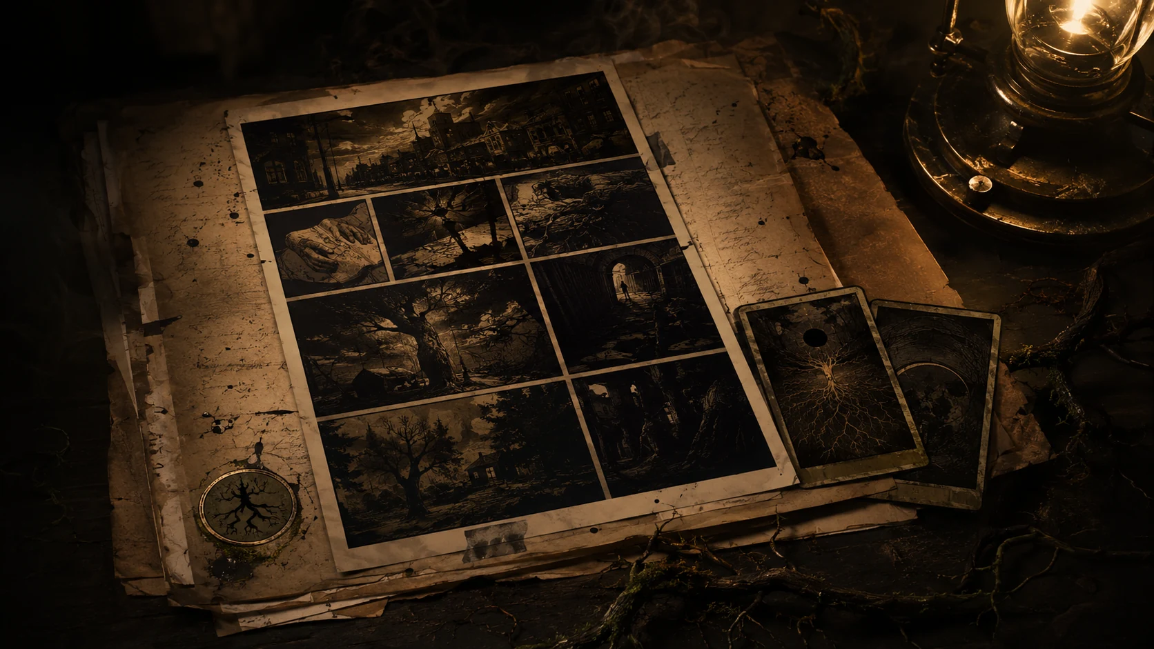 Imagen editorial con página A5 de novela gráfica, expediente antiguo, cartas arcanas y sello corrupto del universo La Mala Hierba Nunca Muere.
